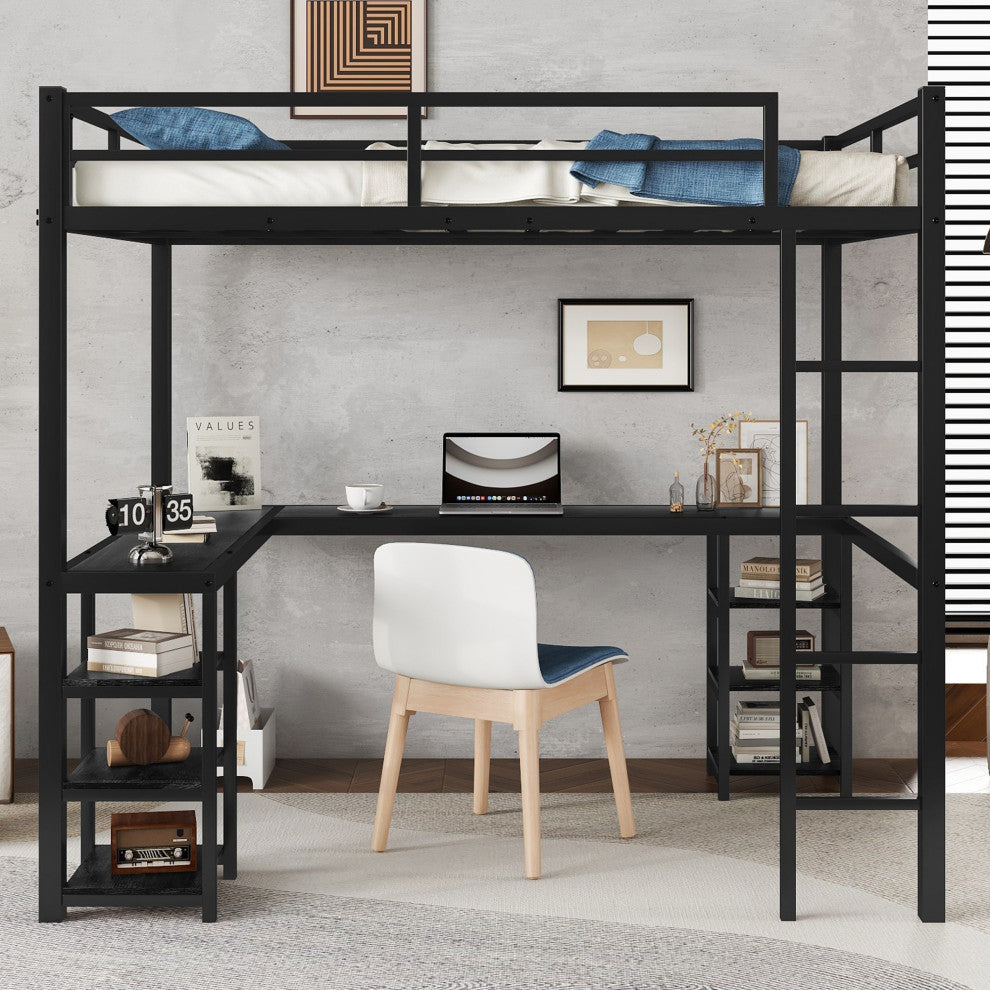 Gewnee Full Metal Loft Bed with Desk and Shelves