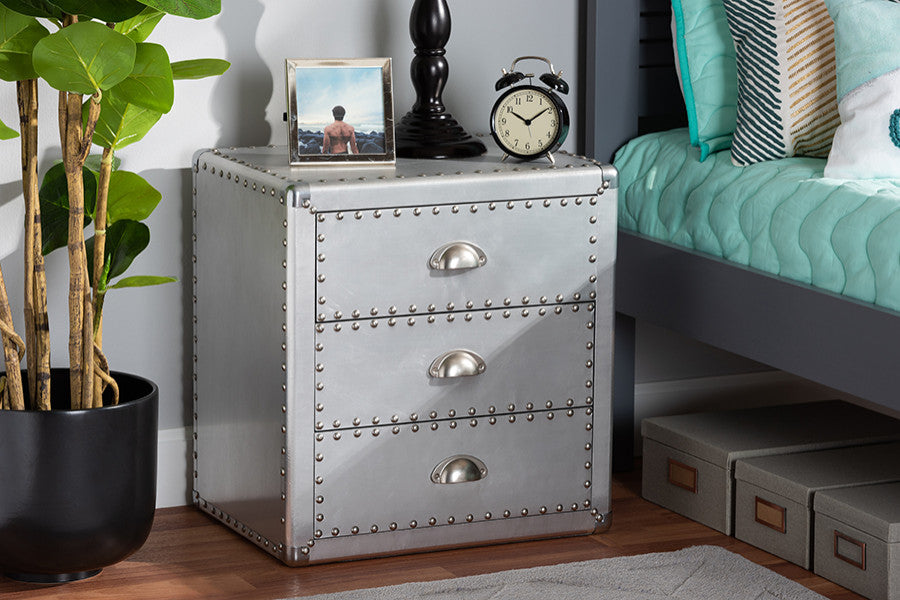 Baxton Studio Armel French Industrial Silver Metal 3-Drawer End Table