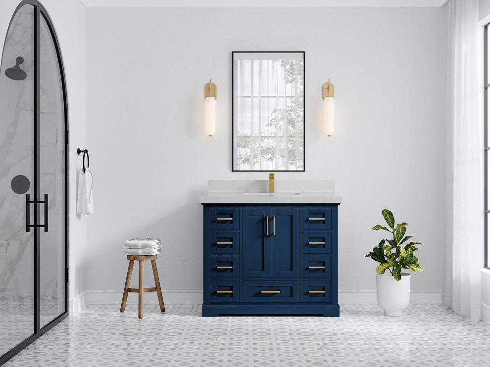 Boston 42 Single Sink Bath Vanity in Navy Blue 2" Carrara Quartz