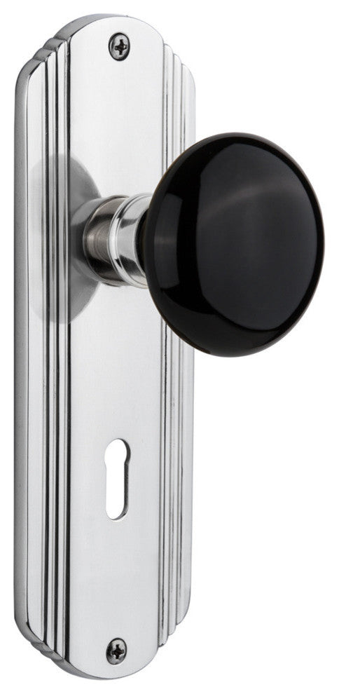 Deco Plate Passage Black Porcelain Knob, Bright Chrome