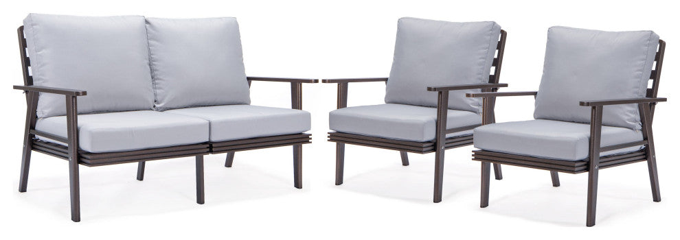 LeisureMod Walbrooke 3-Piece Patio Set With Brown Aluminum Frame and Cushions, Light Grey
