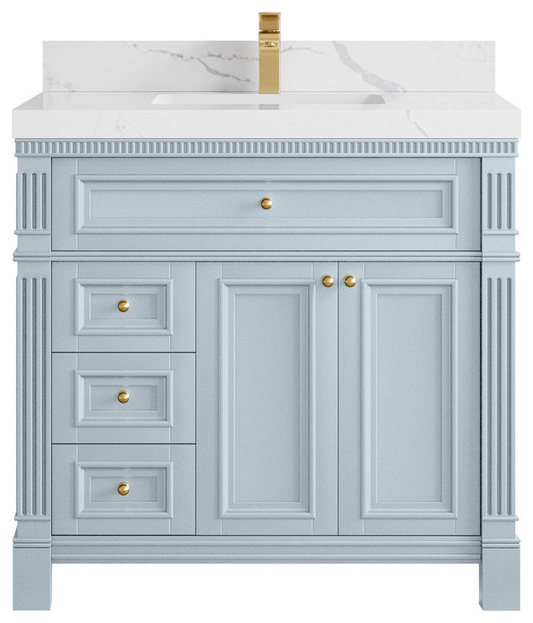 Paris 36" Center Sink Bathroom Vanity, Blue Heather 2" Calacatta Laza