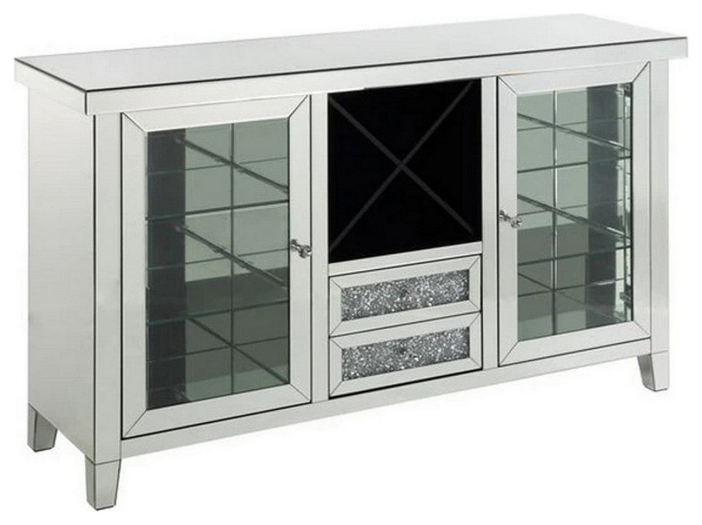 Benzara BM251174 LED Wine Cabinet, Mirror Panel Framing/2 Glass Doors, Silver