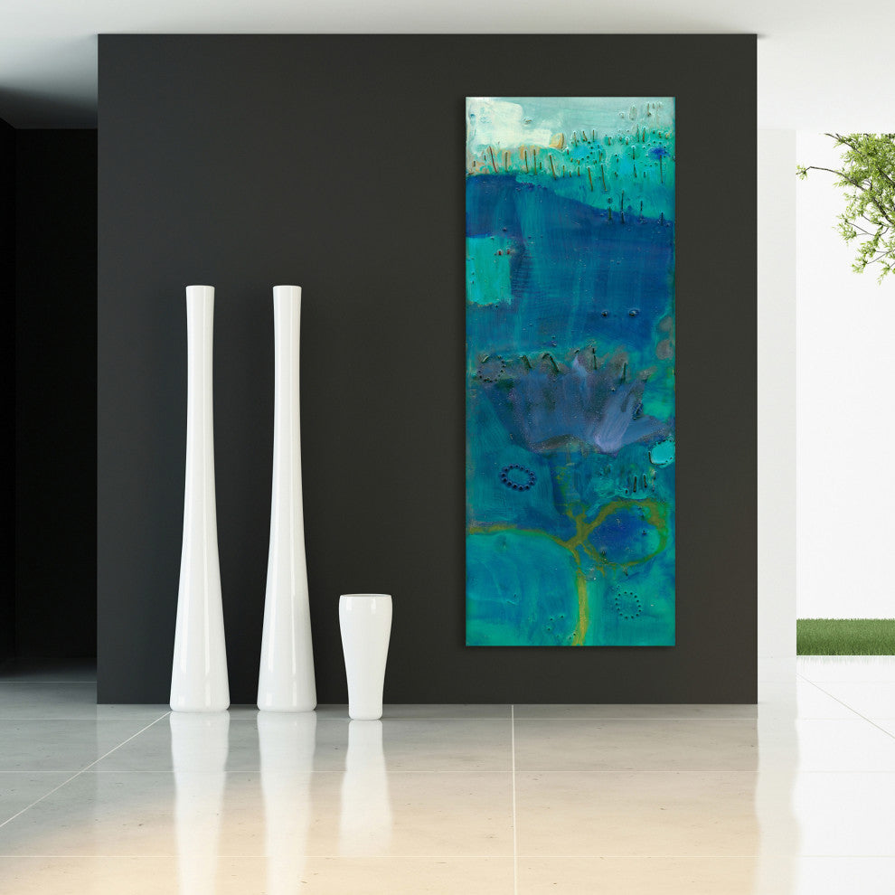 "Reedy Blue III" Abstract Wall Art Unframed Free Floating Tempered Glass 63x24