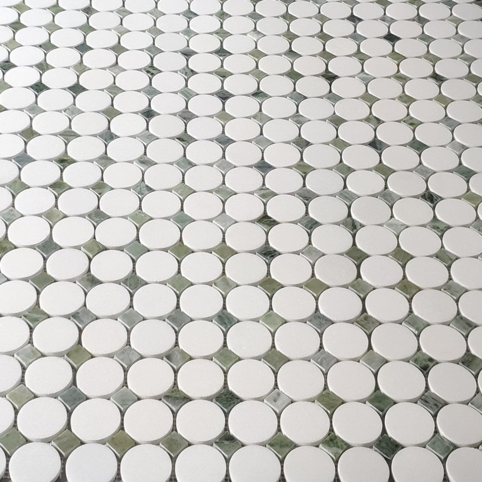 Thassos White Marble Round Mosaic Tile Sagano Vibrant Green Dots, 1 sheet