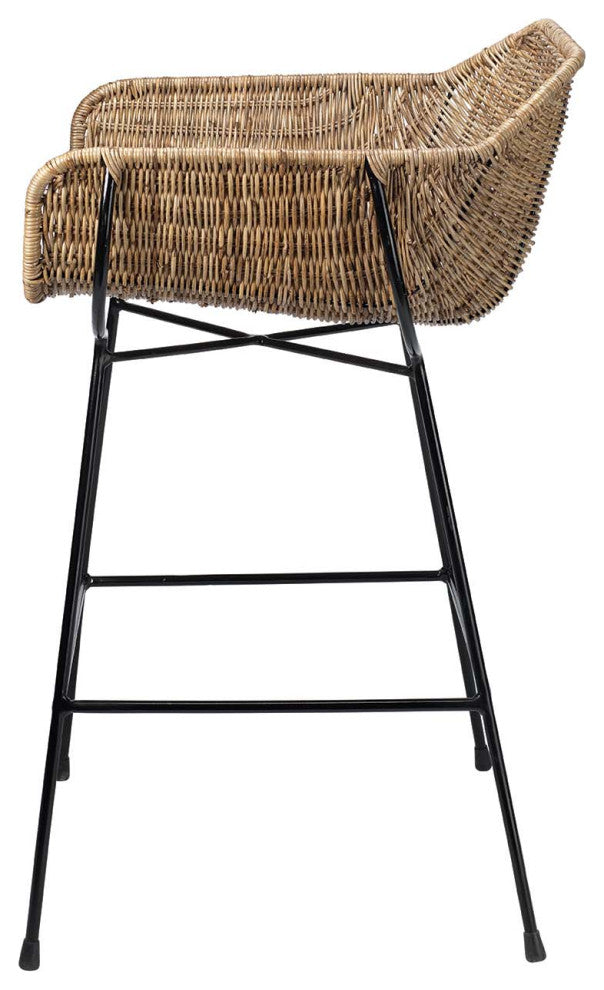 Contemporary Minimalist Natural Rattan Counter Stool Curved Seat Black Metal Leg