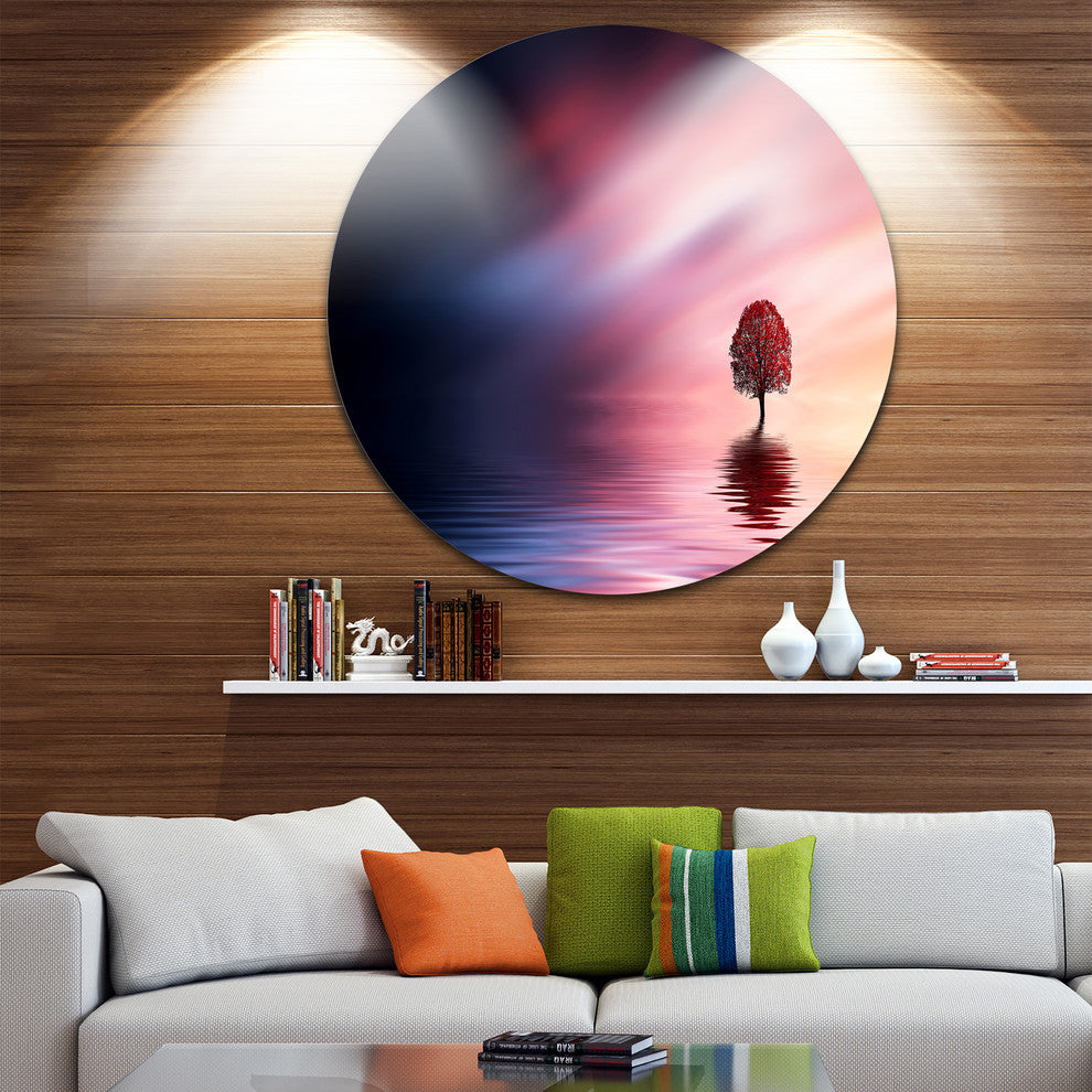 Astonishing Lonely Tree With Birds, Disc Metal Artwork Landscape, 23"