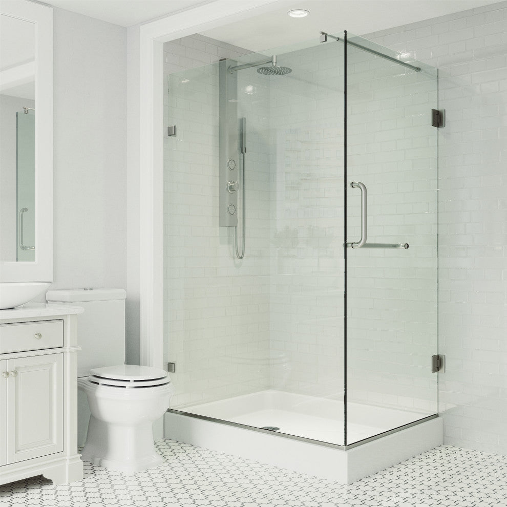 VIGO Pacifica 48"D x 36"W x 79"H Frameless Hinged Shower Enclosure, Brushed Nickel, Left Base