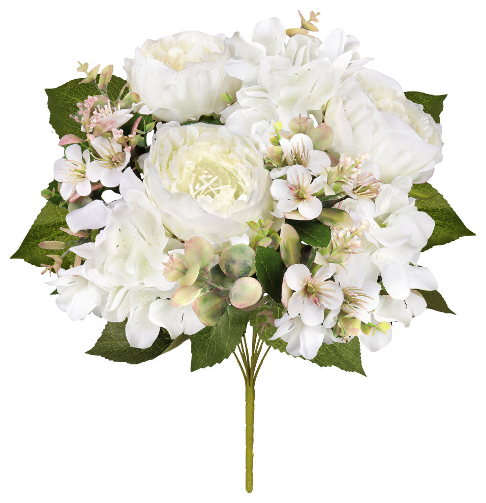 Set of 2 Cream White Artificial Peony Hydrangea Flower Stem Bush Bouquet 17"