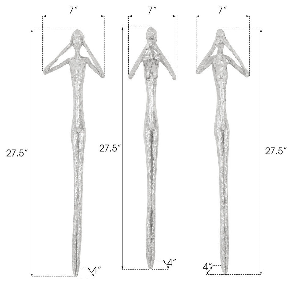 See, Speak, Hear No Evil Wall Art, Resin, 3-Piece Set, Silver Leaf