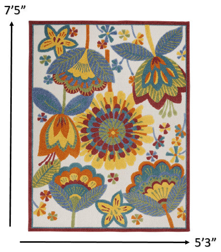 5' X 8' Yellow And Ivory Floral Indoor Outdoor Area Rug