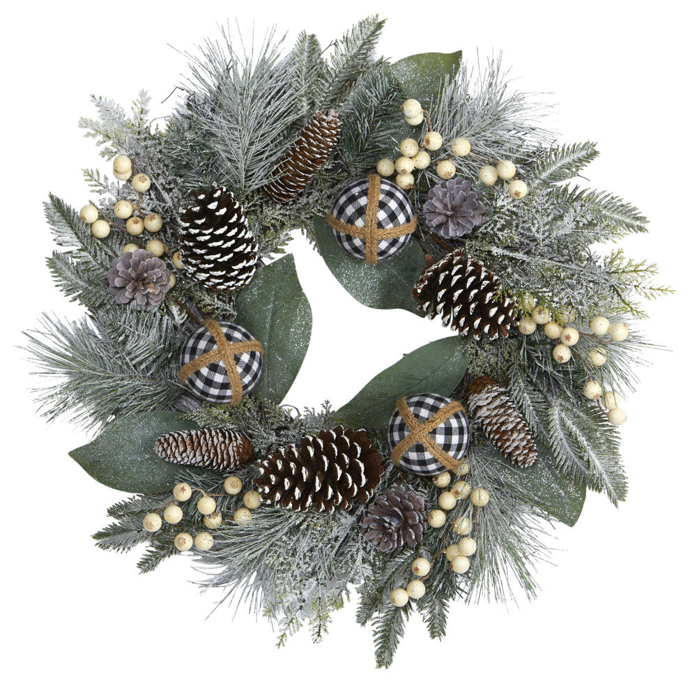 24" Snow Tipped Holiday Artificial Wreath With Berries, Pine Cones and Ornaments