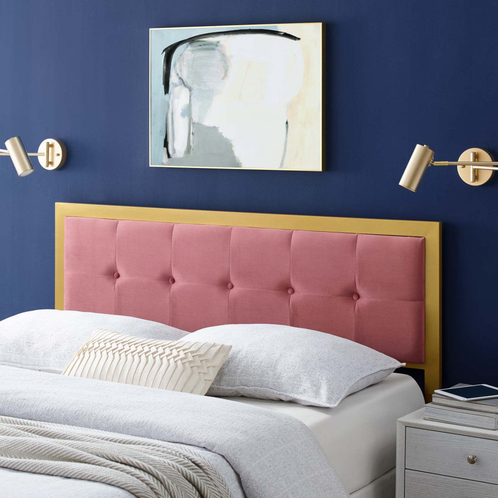 Tufted Headboard, Twin Size, Velvet, Metal Steel, Gold Pink, Modern Contemporary