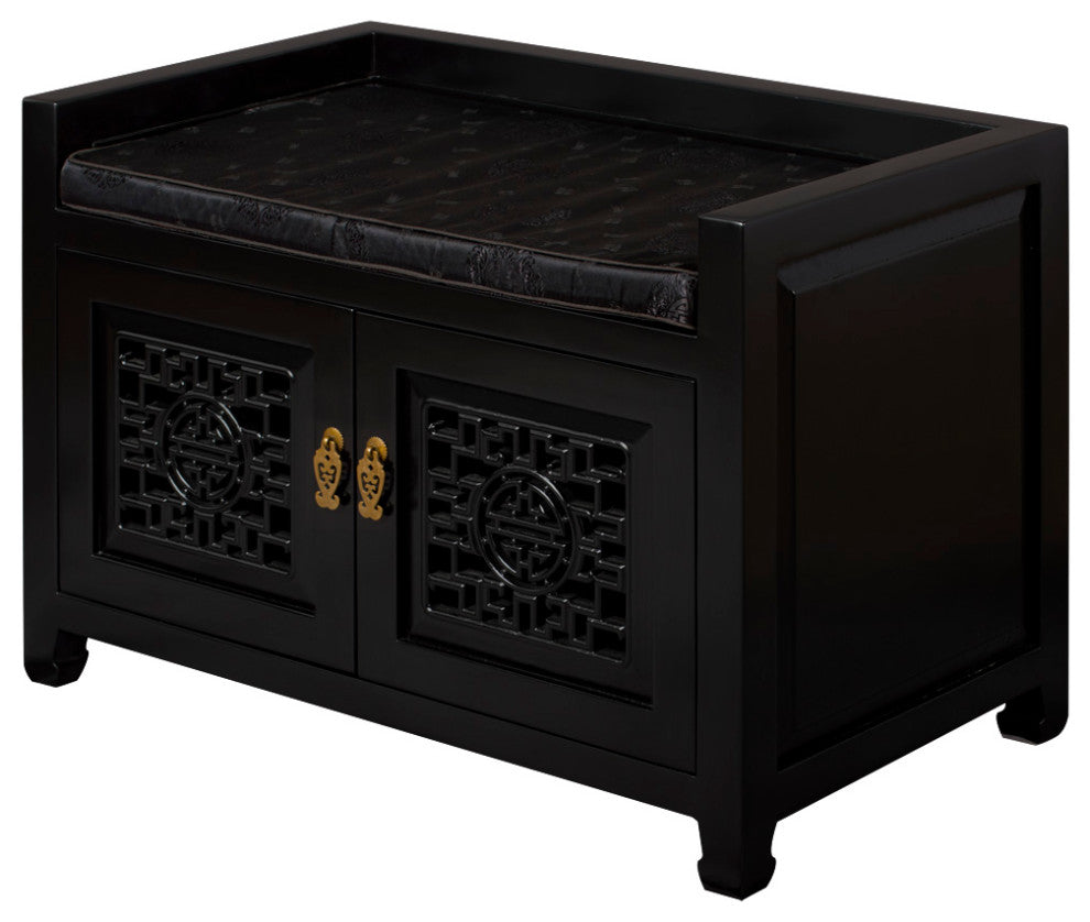 Matte Black Elmwood Longevity Chinese Shoe Bench