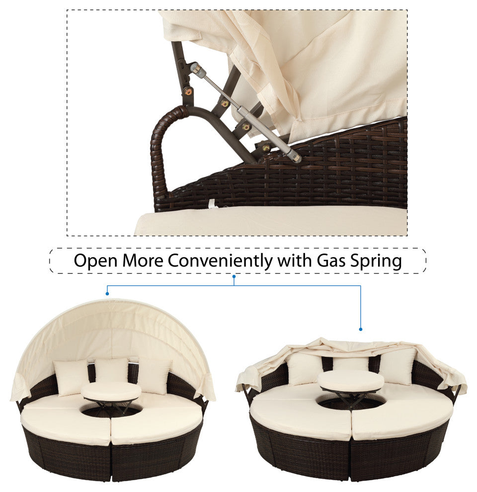 Round Outdoor Sectional Sofa Set Rattan Patio Daybed With Canopy, Beige