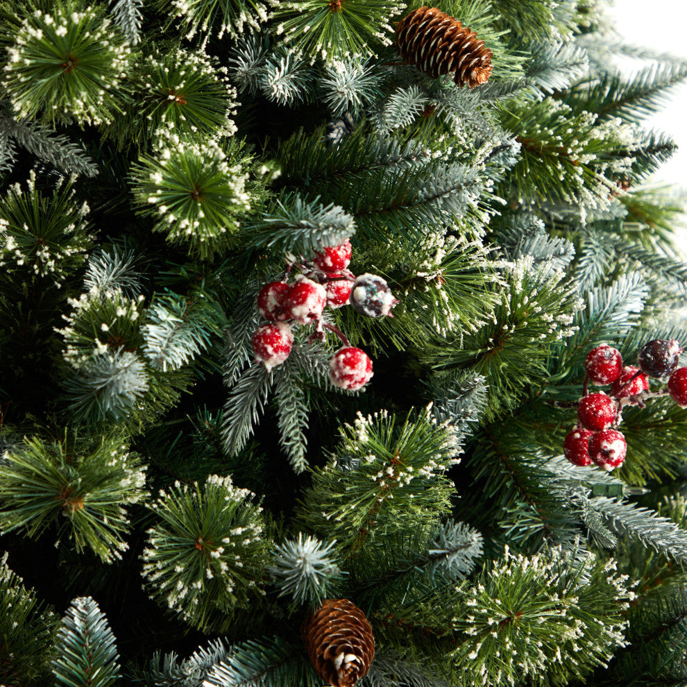 7.5' Snow Tipped Aspen Spruce PreLit Faux Xmas Tree W/Lights, Berries, Pinecones