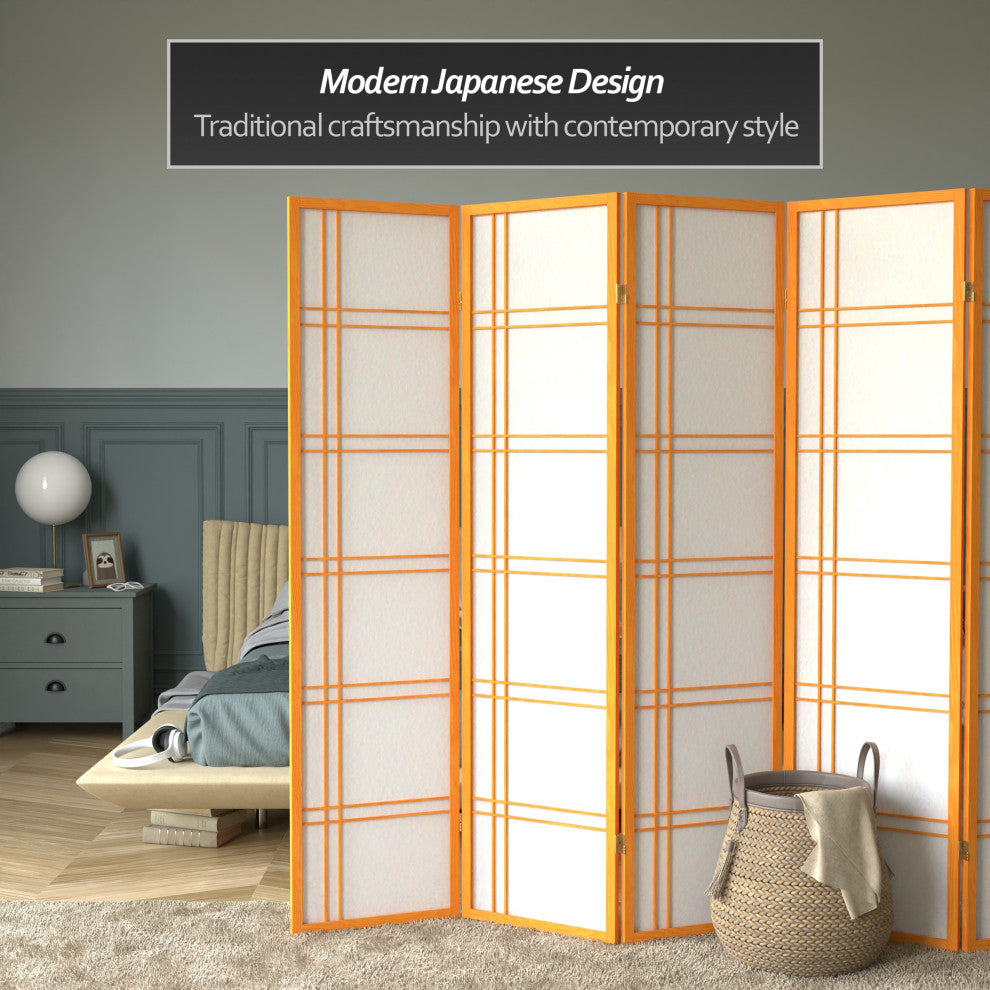 6' Tall Double Cross Shoji Screen, Honey, 8 Panels