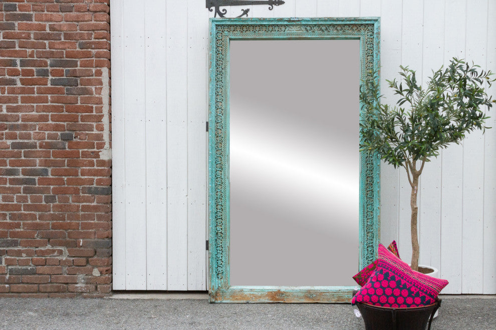 19th Century Indo-French Aqua Carved Floor Mirror