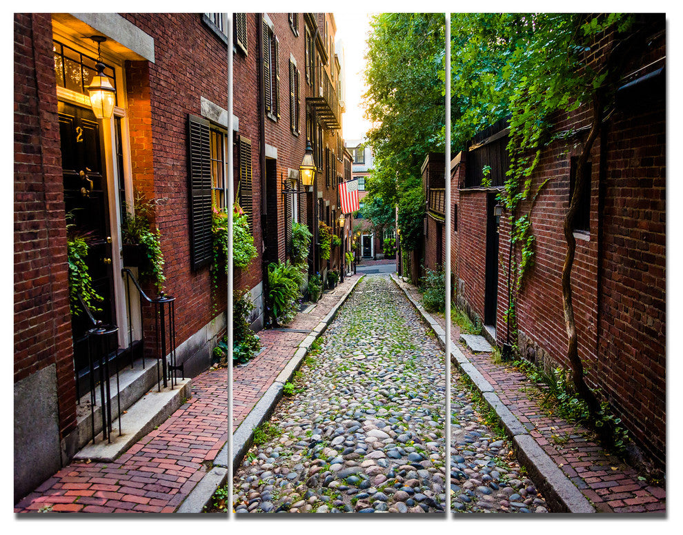 Acorn Street Massachusetts, Landscape Triptych Canvas Art Print, 36x28, 3 Panels