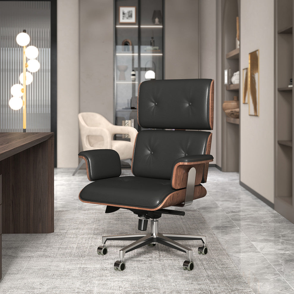 Black Home Office Chair Swivel Upholstered Wooden Desk Chair Adjustable Height, Black