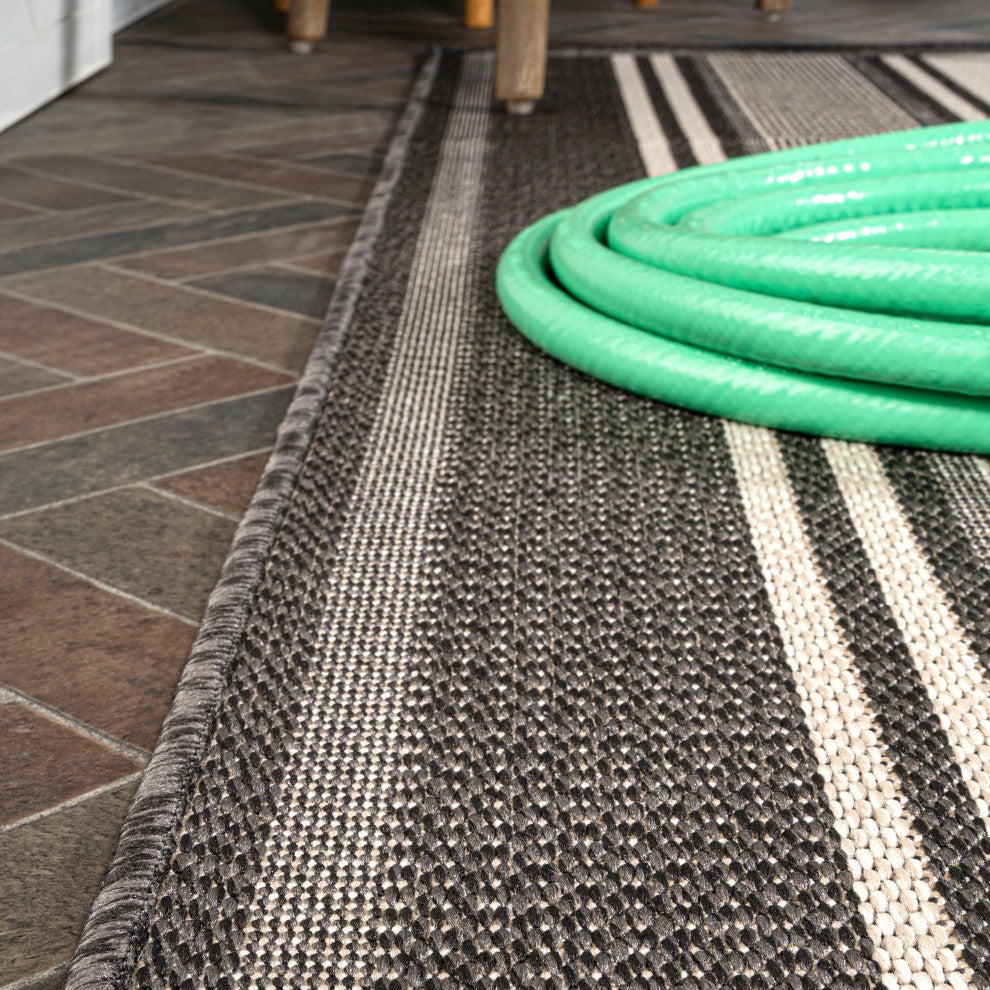 Haynes Modern Double Stripe Indoor/Outdoor Area Rug, Black/Cream, 8x10