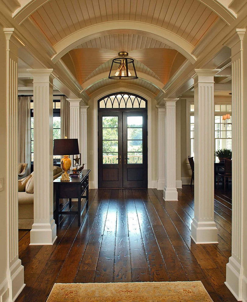 3 Light Semi Flush Mount, Cage Ceiling Lamp, Brass and Black