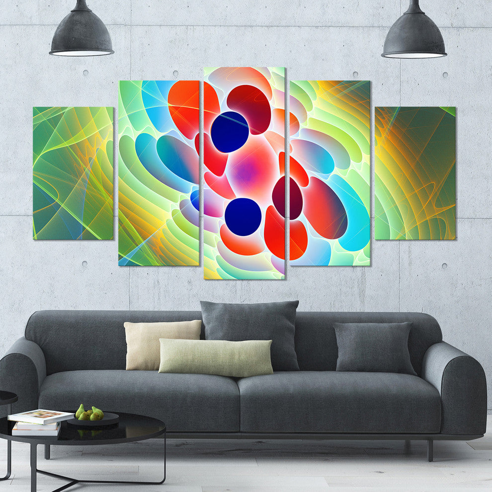 Red Blue Fractal Virus Design, Contemporary Art on Canvas, 60"x32", 5 Panels