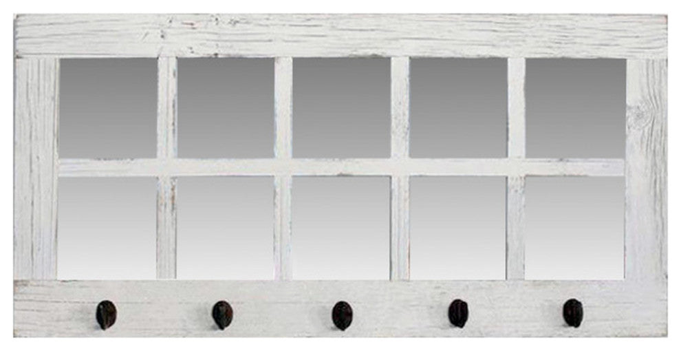 Windowpane Mirror With Coat Hangers, 10 Pane, White