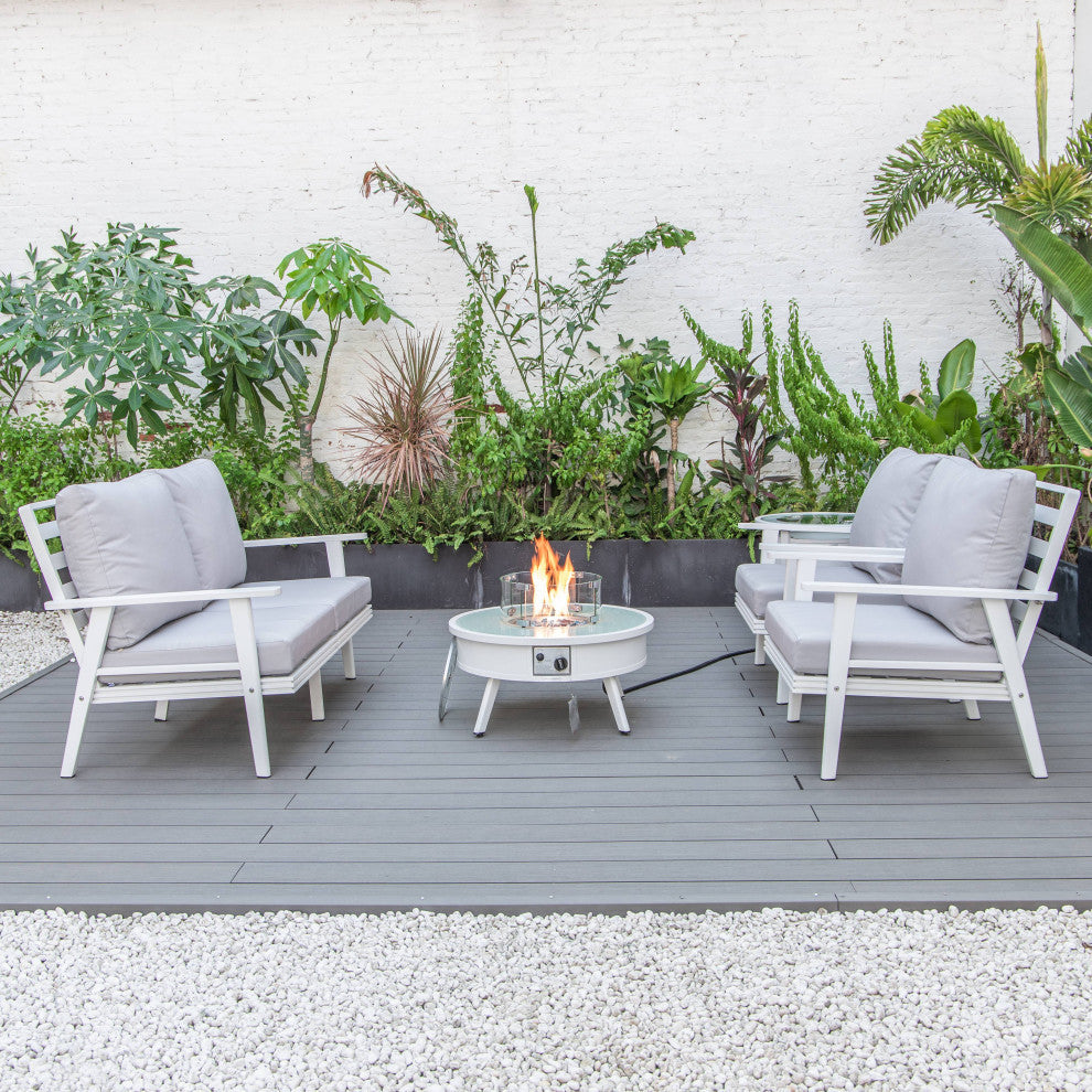 LeisureMod Walbrooke Patio Conversation Set With Fire Pit Table, Light Grey