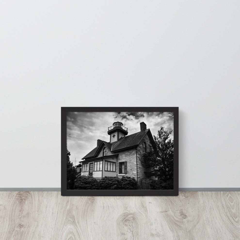 Cedar Point Lighthouse in Black and White Framed Photo Paper Wall Art Prints, Black, 12" X 16"