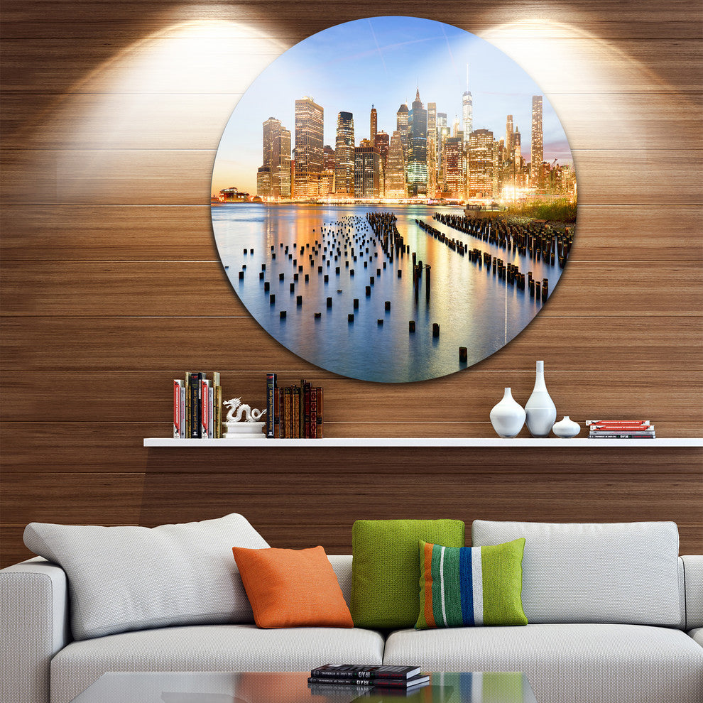 Illuminated New York Skyscrapers, Cityscape Round Wall Art, 11"