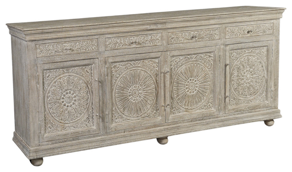 Abigail 4-Drawer 4-Door Floral Carved Wood Sideboard, Limestone Gray