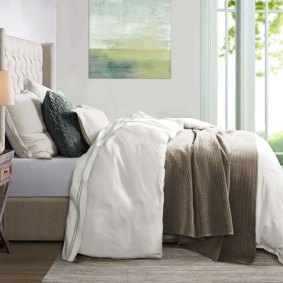 Hera Washed Linen Flange Comforter Set, 3PC, White, Queen
