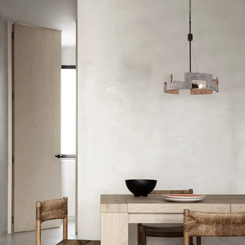 5 Light Drum Wood Chandelier Circle Art Pendant Lighting
