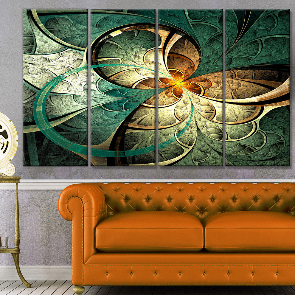 Dark Yellow Green Fractal Flower, Abstract Canvas Art Print, 48"x28", 4 Panels