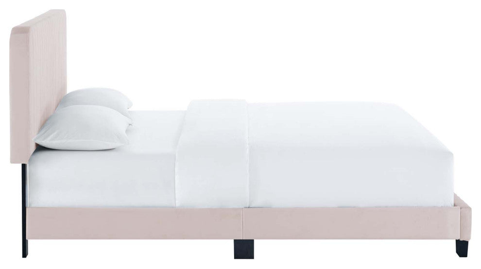 Tufted Platform Bed Frame, Full Size, Velvet, Pink, Modern Contemporary, Bedroom