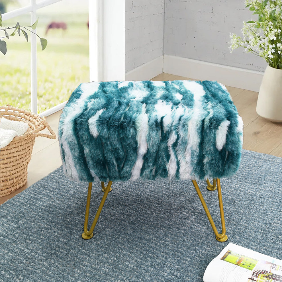 Soft Faux Fur Ottoman Fuzzy Entryway Bench Seat, Deep Teal, 19"x13"x17"