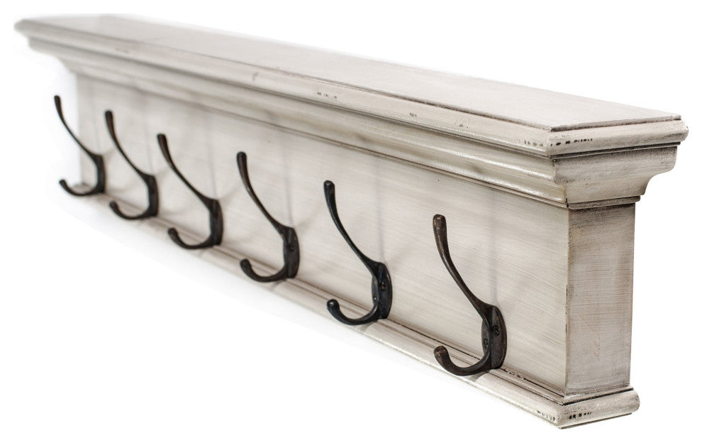 Rustic Antiqued Ivory Six Hook Hanging Coat Rack