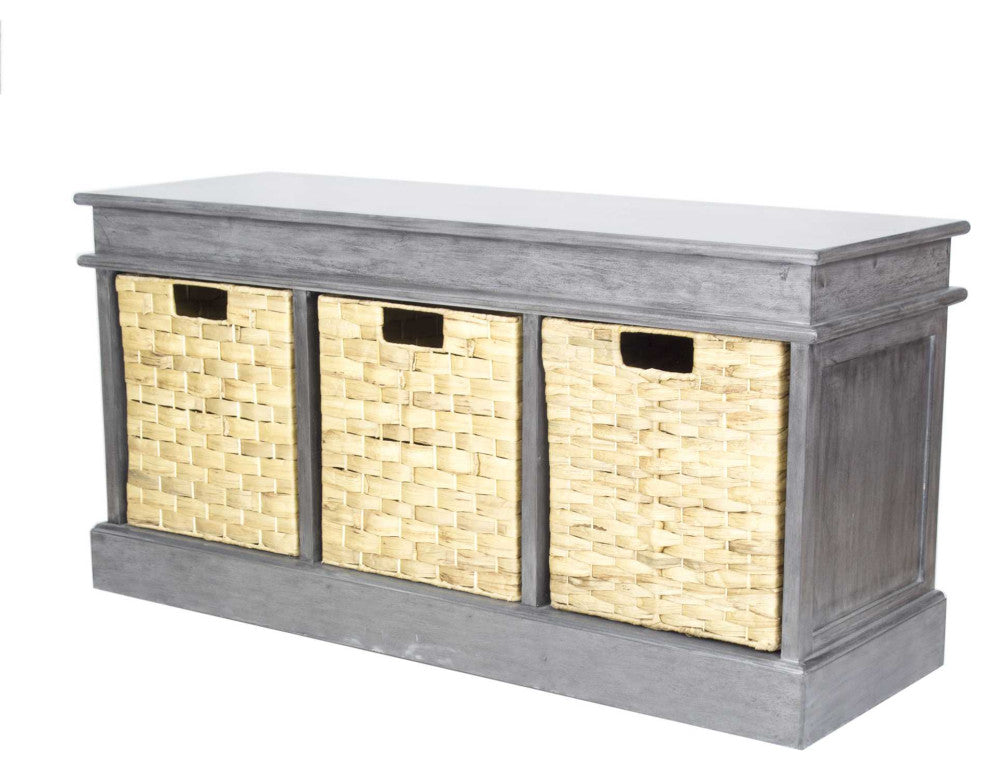 HomeRoots 40" X 13" X 20" Gray MDF Rattan Skin Storage Bench With Baskets