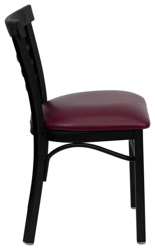 Black Ladder Back Metal Restaurant Chair, Burgundy Vinyl Seat