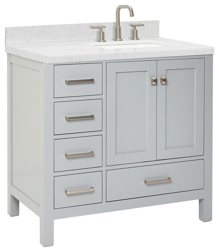 Ariel Cambridge 36" Right  Single Rectangle Sink Vanity, Carrara Quartz, Gray