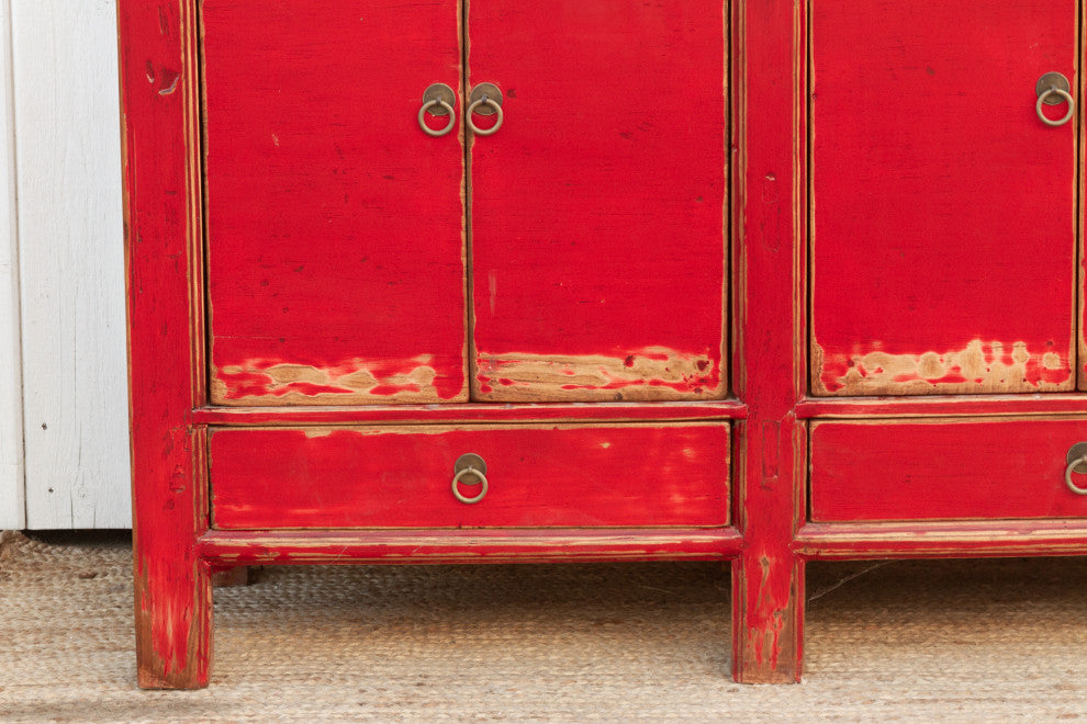 Long Red Lacquered Asian Sideboard