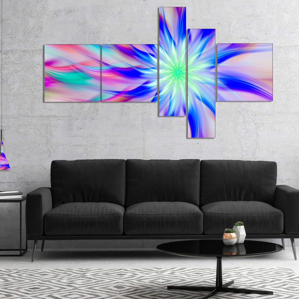 Exotic Blue Fractal Spiral Flower, Abstract Canvas Art Print, 60"x32", 5 panels