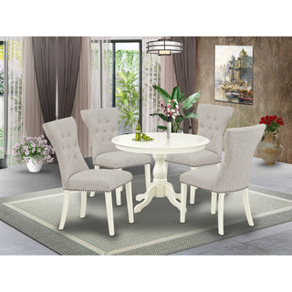 5Pc Dining Set, Linen White Round Table, 4 Doeskin Chairs Back