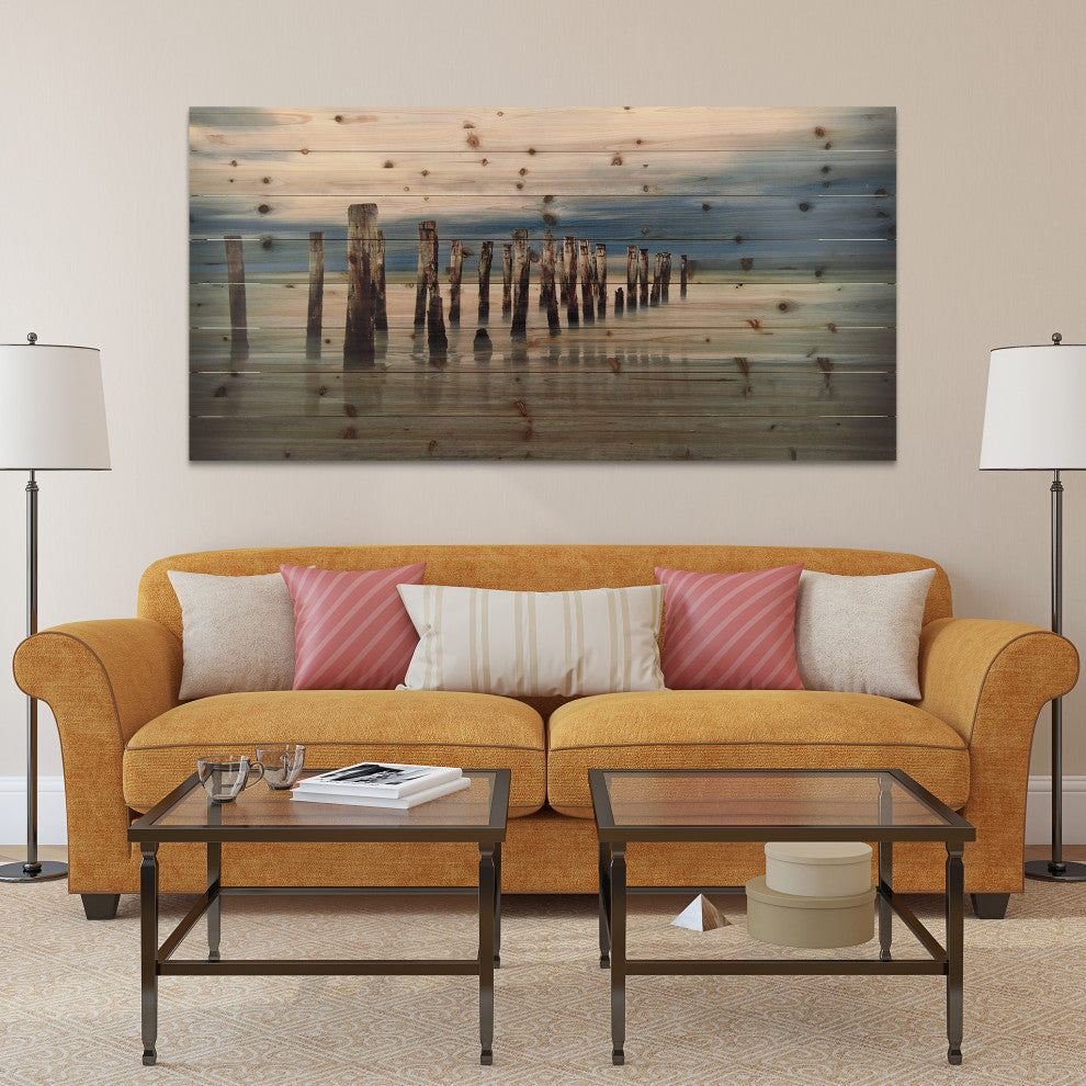 "Low Tide" Beach Side Wall Art Giclee Printed On Solid Fir Wood Planks