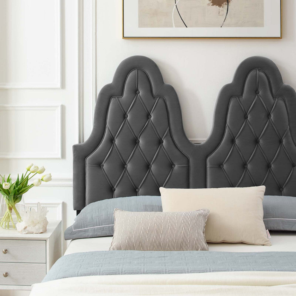 Tufted Platform Bed Frame, Twin Size, Velvet, Gray, Modern Contemporary