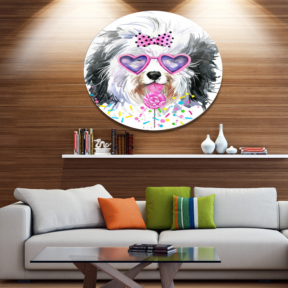 Lovely Dog With Pink Heart Glasses, Animal Round Metal Wall Art, 23"