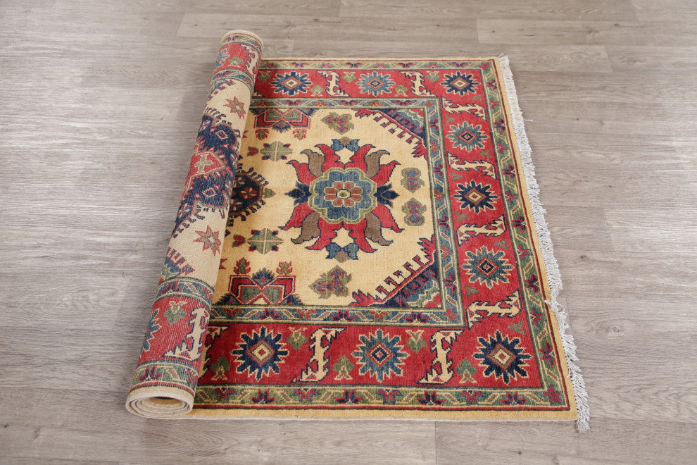Kazak Oriental Pakistani Traditional Hand-Knotted Area Rug, Beige, 6'1"x4'0