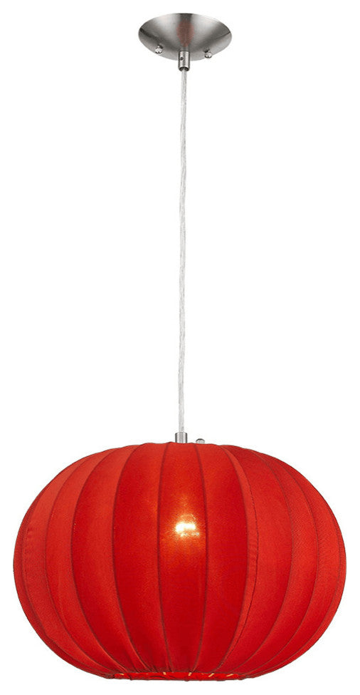 Shanghai 1-Light Brushed Nickel Pendant With Sheer Red Ribbon Shade