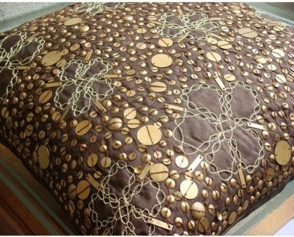 Brown Metal Sequins 26"x26" Silk Euro Pillow Shams, Total Sophistication